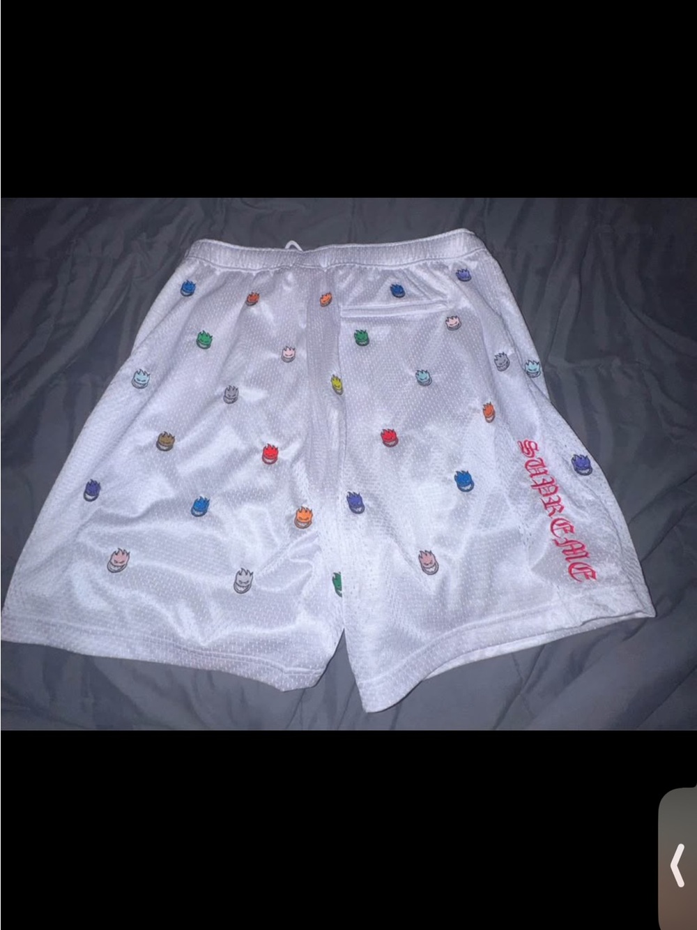 Supreme White Mesh Basketball Shorts with Multicolor Embroidered Flames